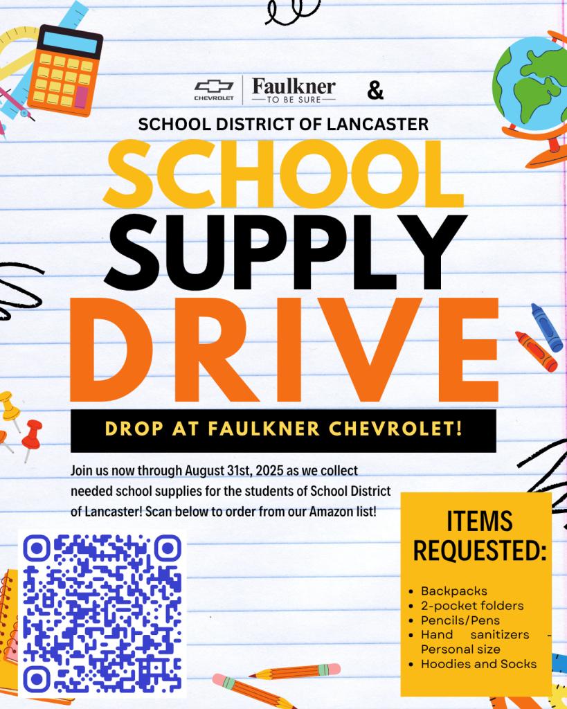 Support School District of Lancaster students in assisting with our 3rd Annual School Supply Drive through August 31! Drop donations in the Showroom or Service Department!
