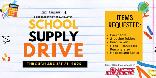 Join us in collecting school supplies for the students of School District of Lancaster. Easily order from our Amazon WIsh List for easy delivery!